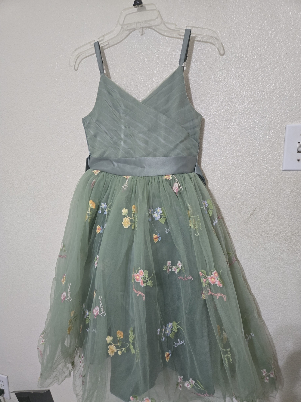 Girls Sage Green Floral Tulle Party Dress